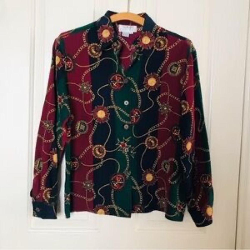 Talbots Burgundy, Dark Green & Navy Patterned Button-Down Shirt